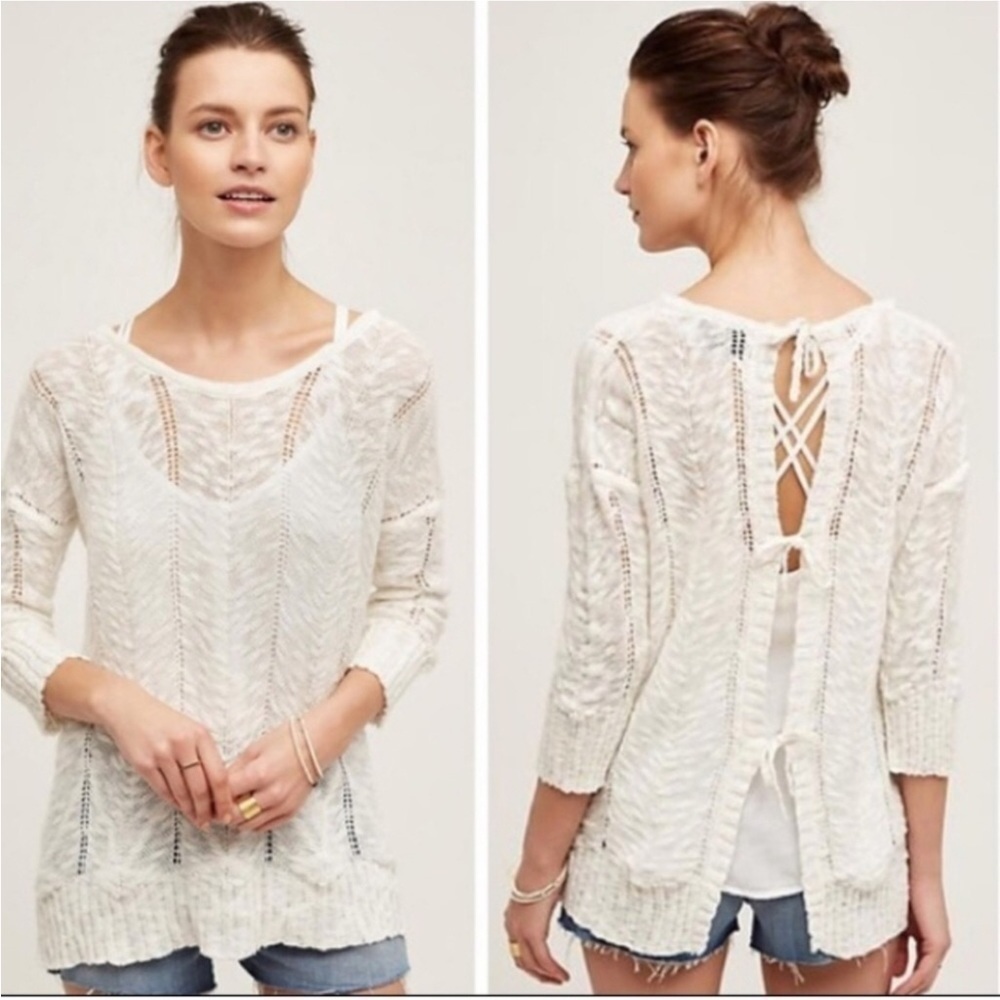 Anthropologie Knitted & Knotted Adelina Tie Back Sweater Size XS Cream​​​​​​​​​